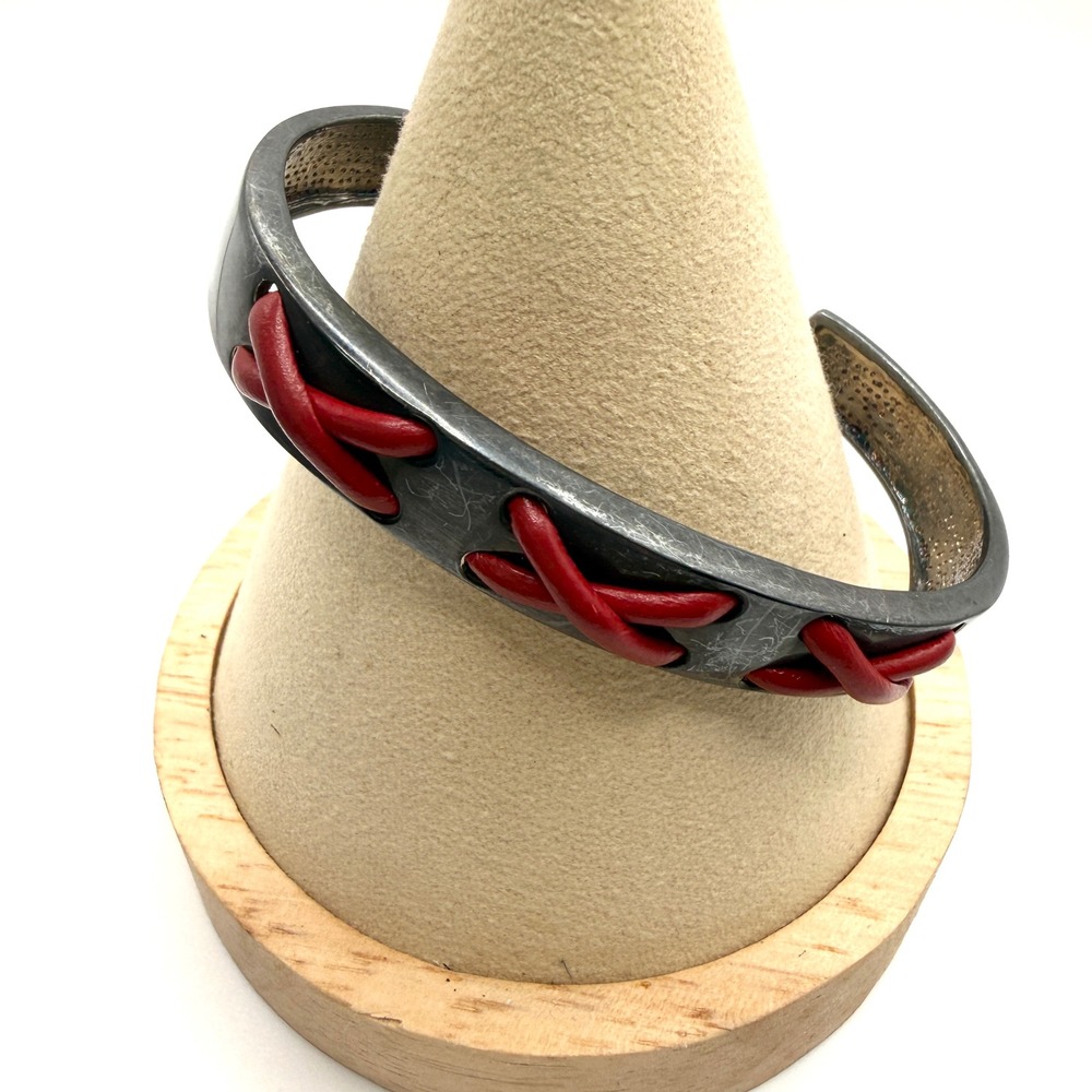 Sterling Silver Cuff Bracelet Red Leather Whipstitch Detail Y2K